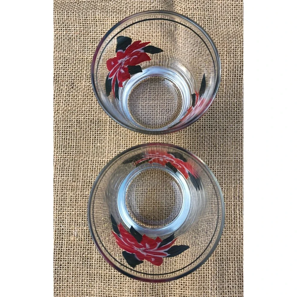 Vintage Anchor Hocking Christmas Poinsettia Rocks Glasses Set 2 Holiday Lowball